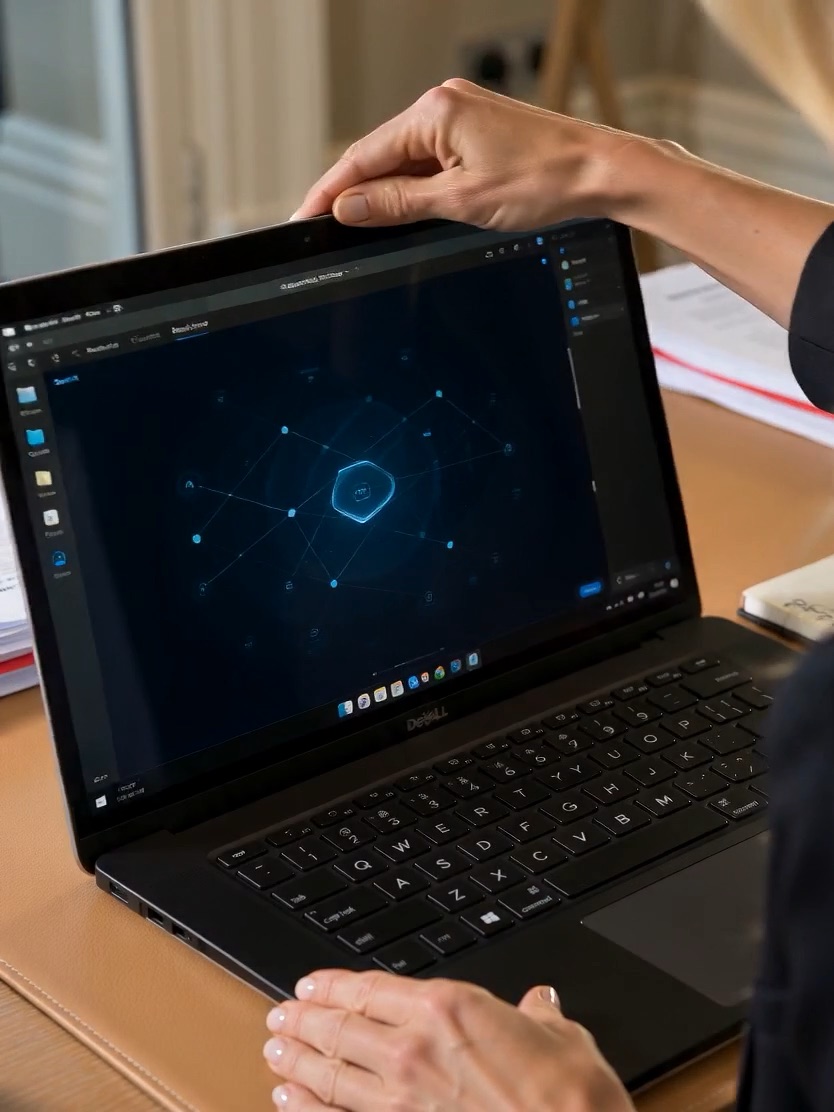 A laptop showing a connected network diagram, photographed for an AI Overview podcast briefing on AI agents