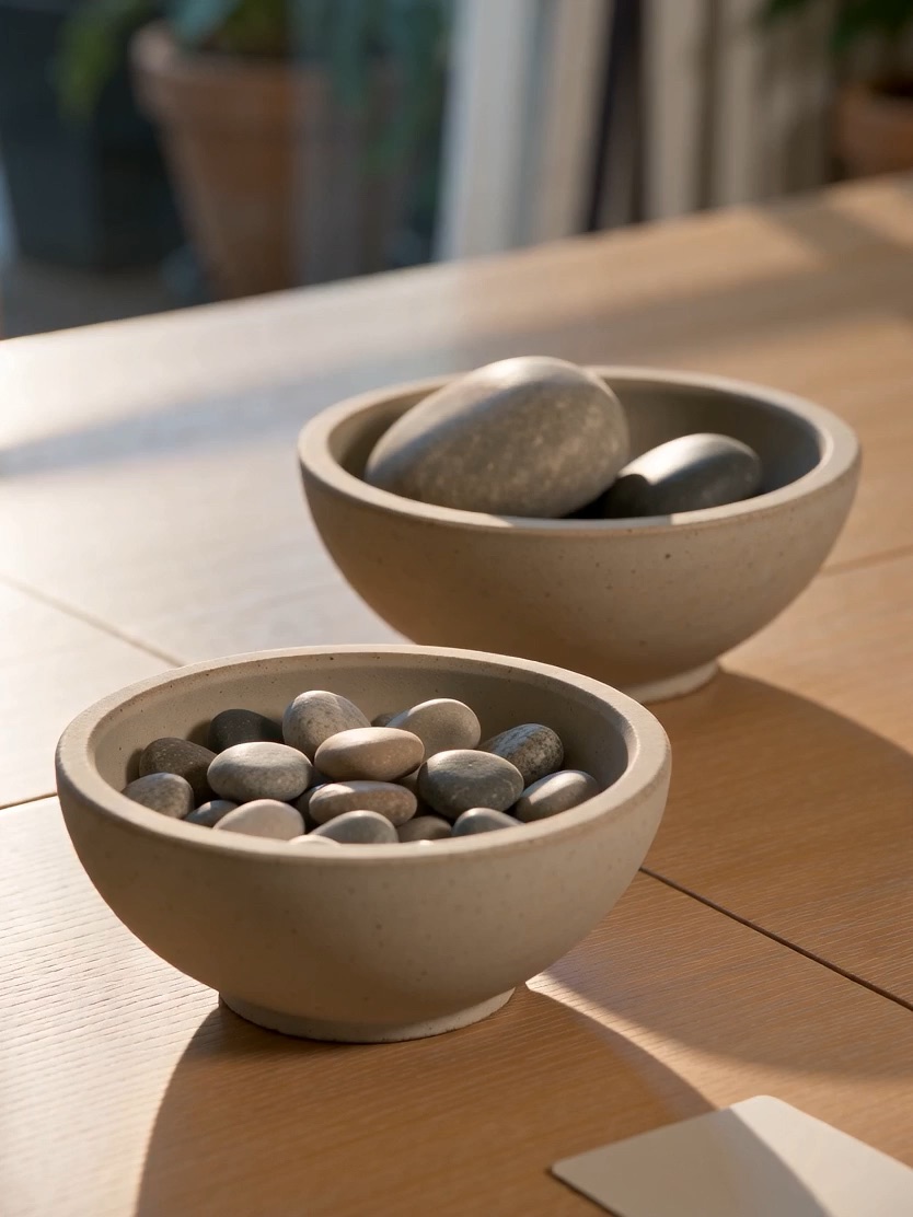 Bowls of large and small stones photographed for an AI Overview podcast briefing on right-sizing AI models