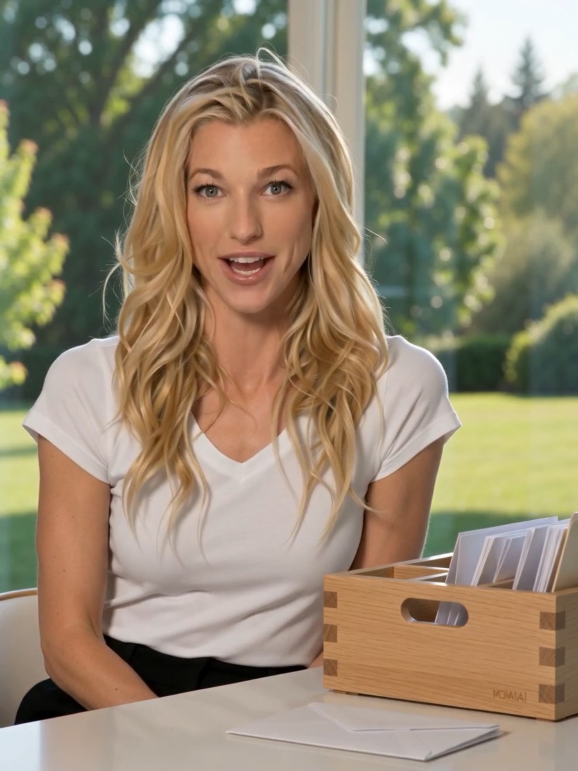 Nicole Junkermann seated at a table with a wooden filing tray, recording an AI Overview podcast briefing on quiet automation