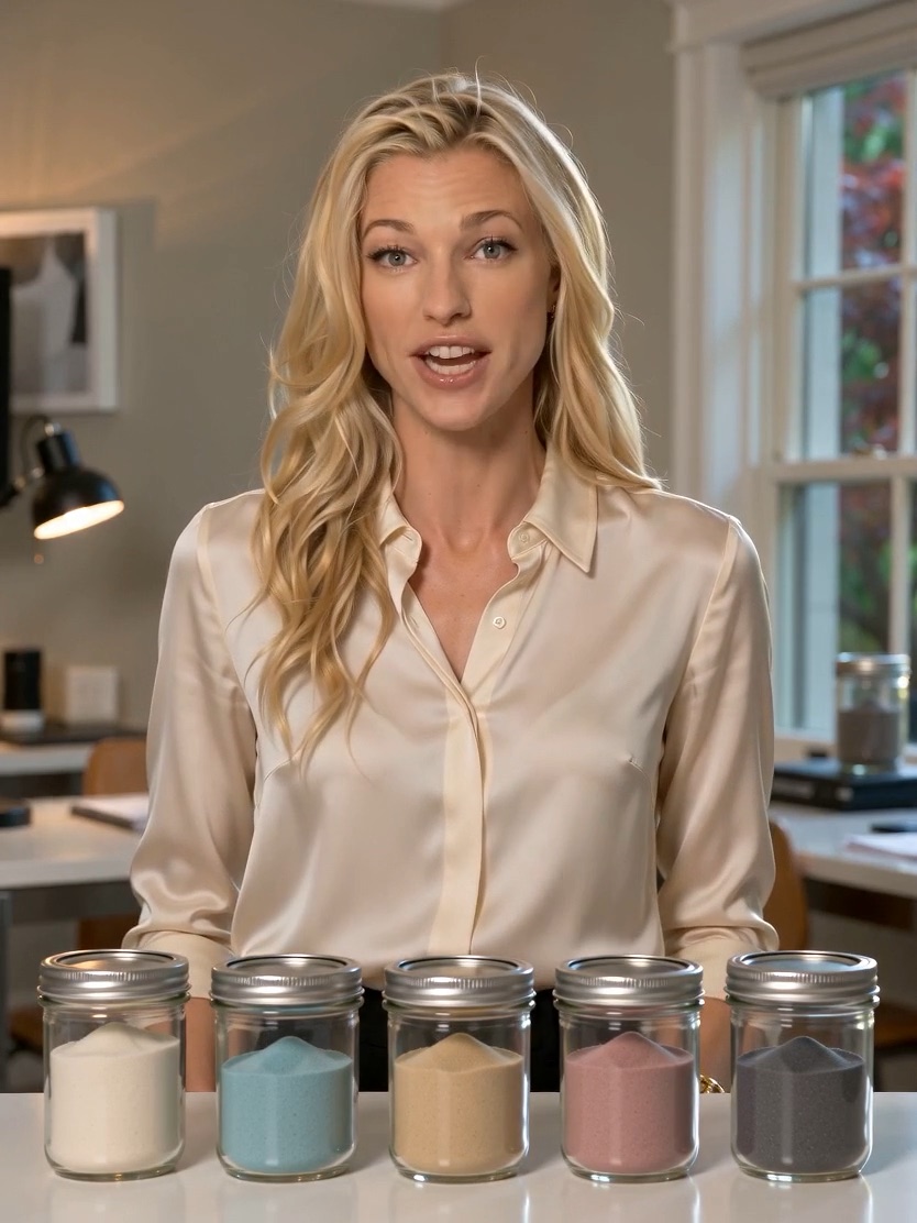 Nicole Junkermann beside jars of coloured material while recording an AI Overview podcast briefing on synthetic data