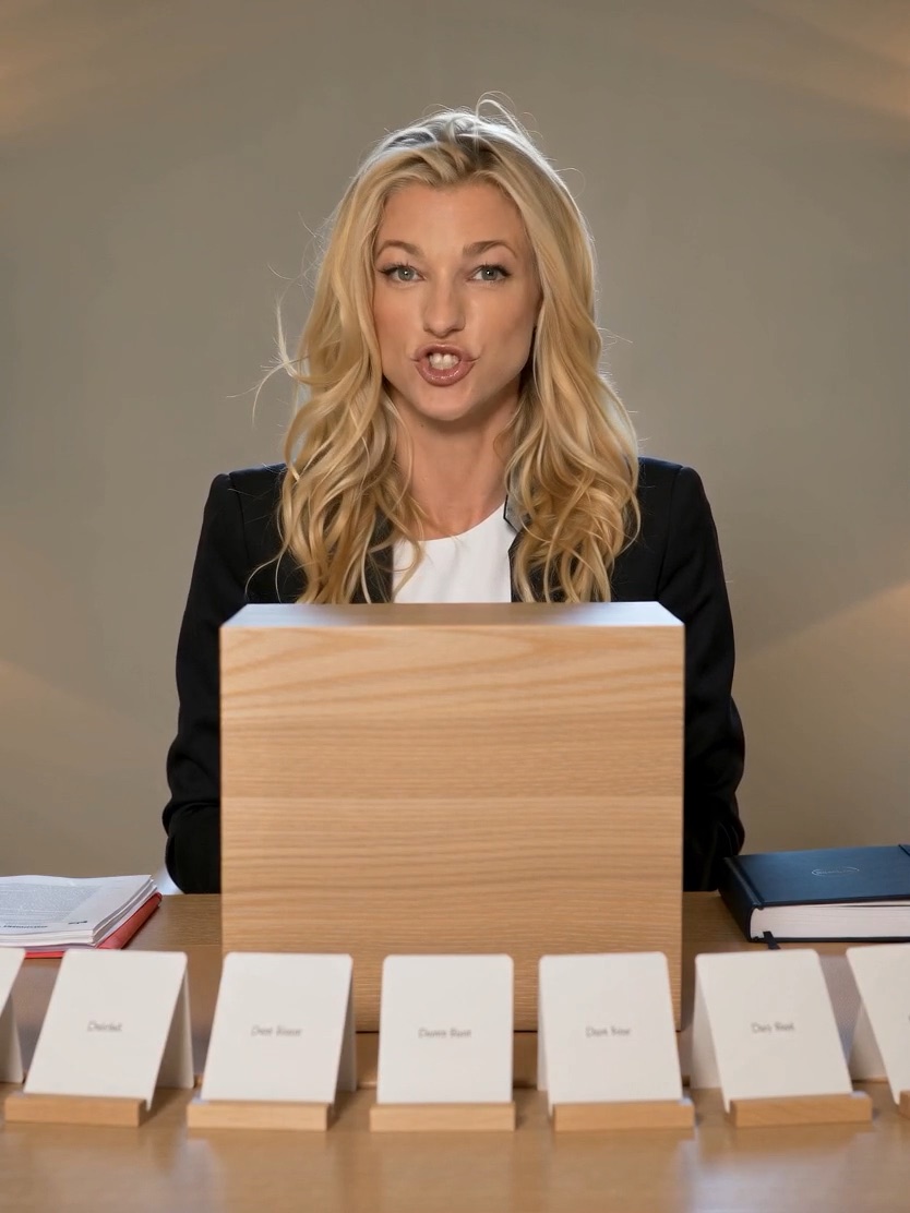 Nicole Junkermann behind a row of blank cards while recording an AI Overview podcast briefing on AI accountability